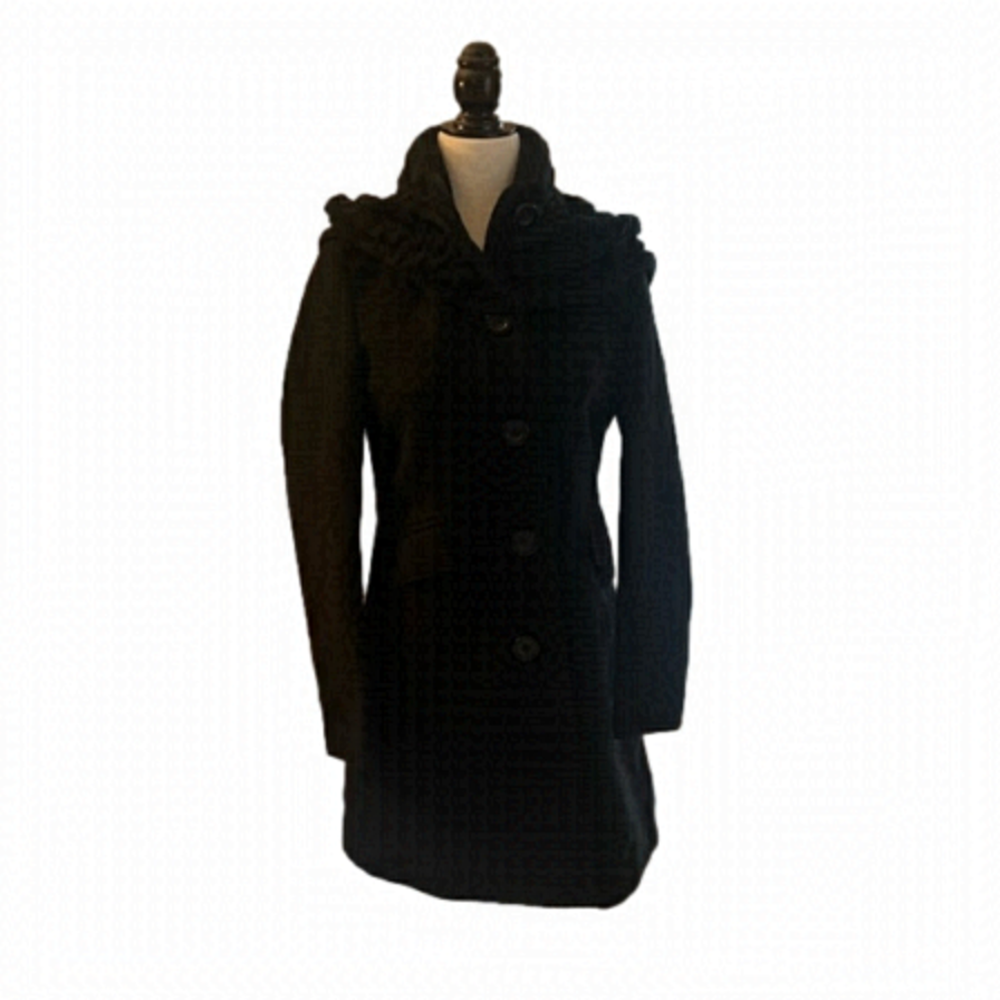 NWOT Lovestitch Black Wool Single Breasted Car Coat with Knit Hood (attached)